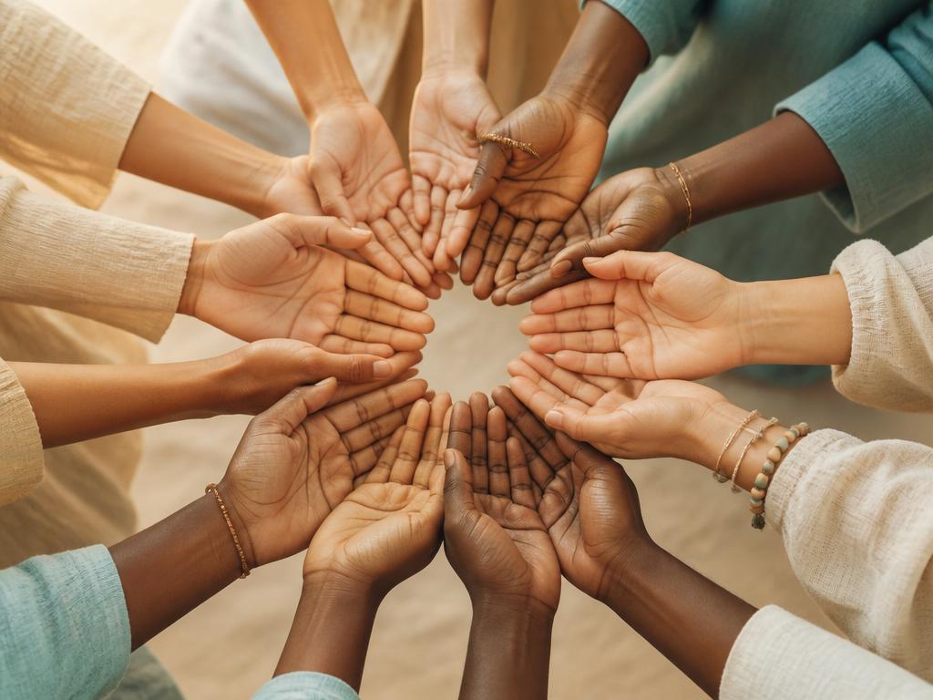 Diverse hands joined in a circle representing community healing